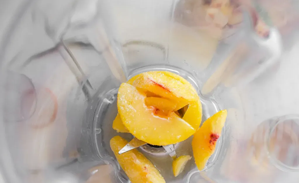 Frozen peaches in a blender with lemon juice and maple syrup.' title='Starbucks Peach Green Tea Lemonade Recipe