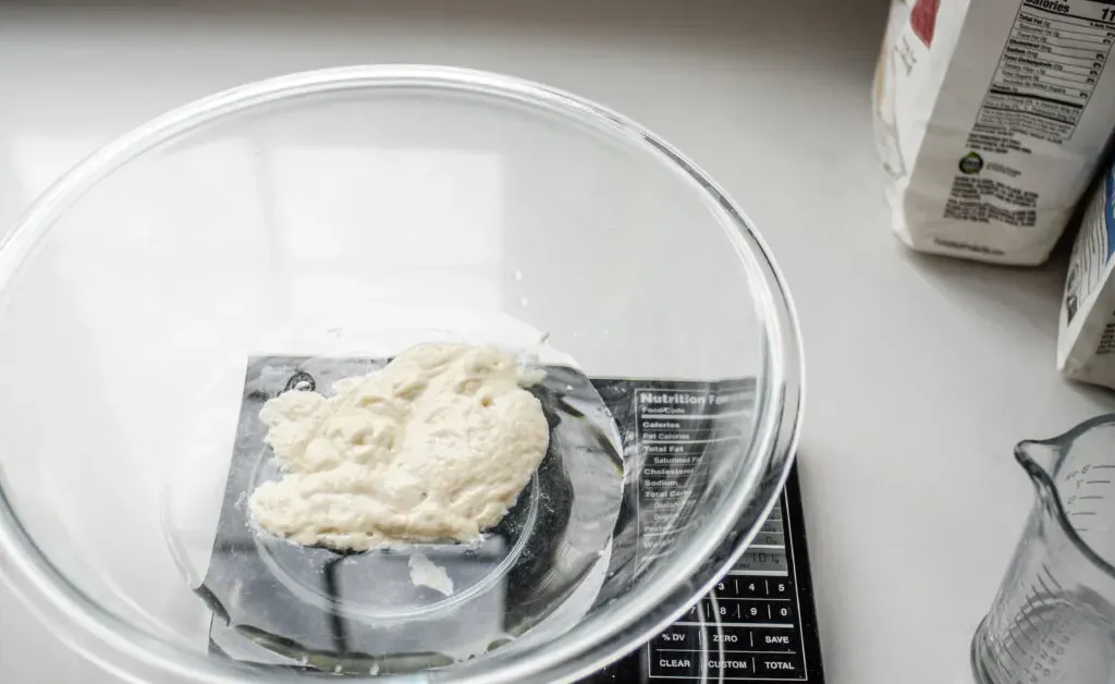 Placing the water and sourdough starter in a large mixing bowl.' title='Sourdough Pizza Crust Recipe