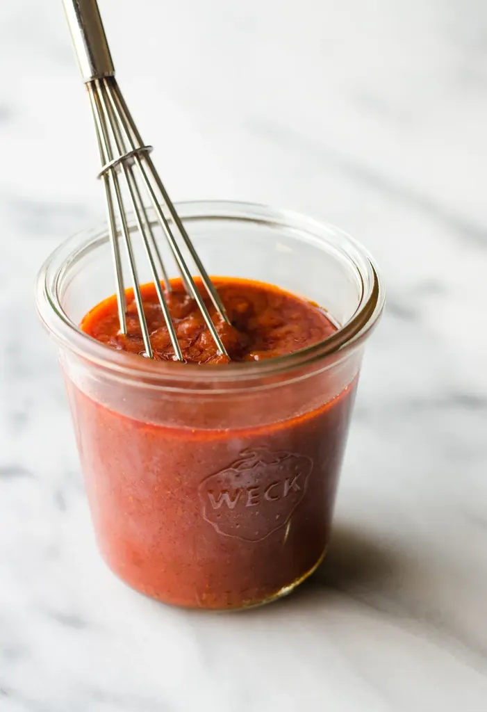 A jar of pizza sauce with a whisk in it.' title='Easy Homemade Pizza Sauce with Tomato Paste