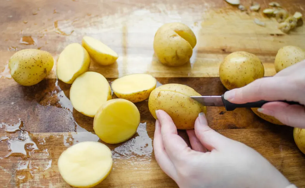 Preparing the baby Yukon golds for the elevated version.' title='Roasted Little Potato Recipe