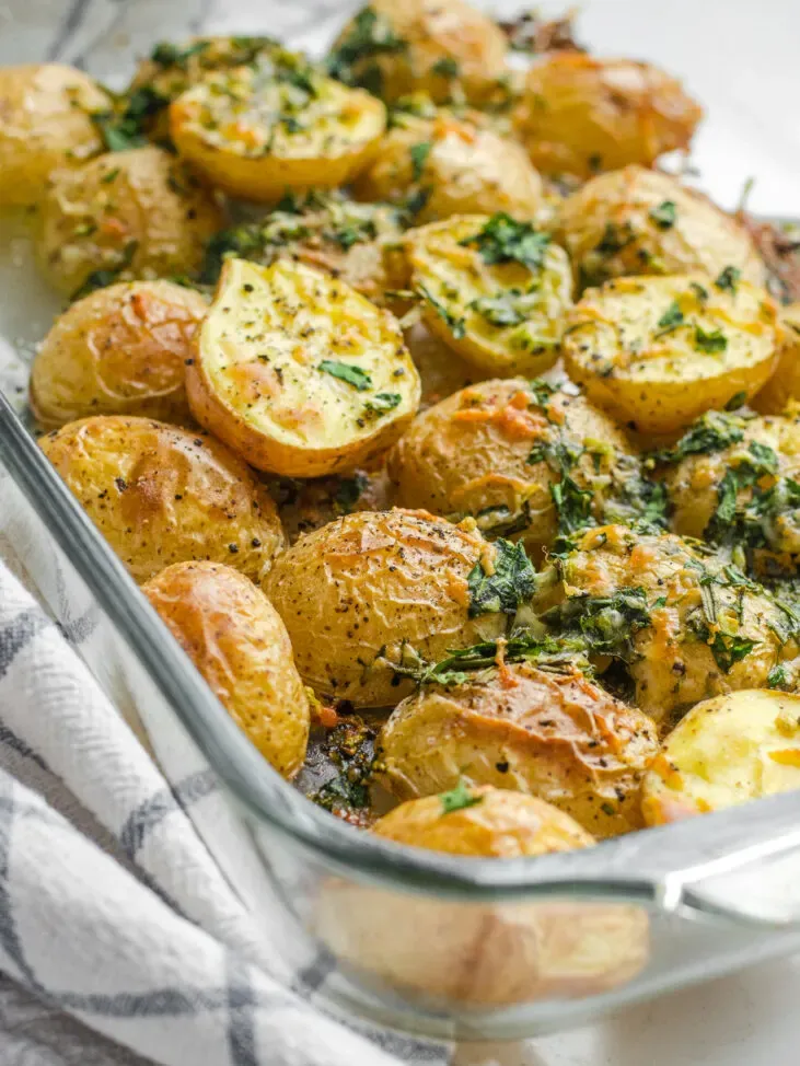 A pan of roasted little potatoes with garlic lemon rosemary parsley and parmesan cheese. ' title='Roasted Little Potato Recipe