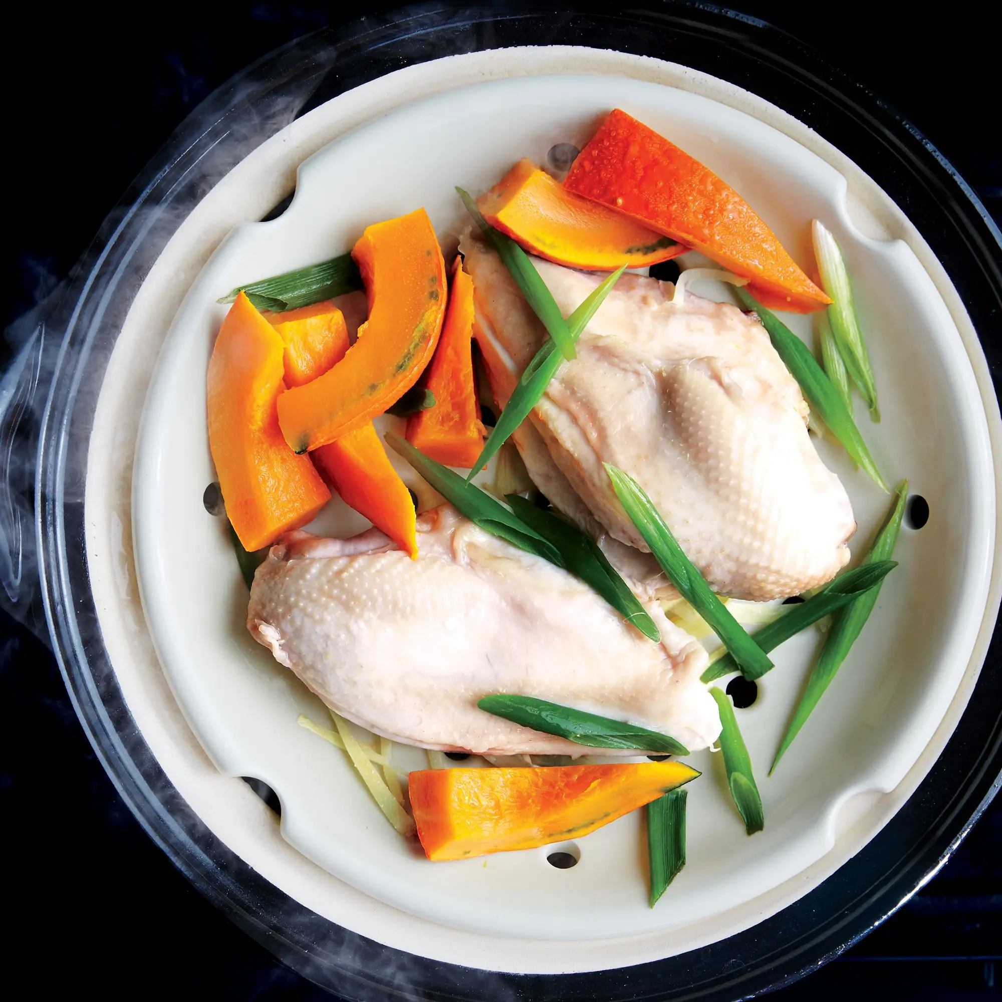 Frango com saque e abóbora kabocha