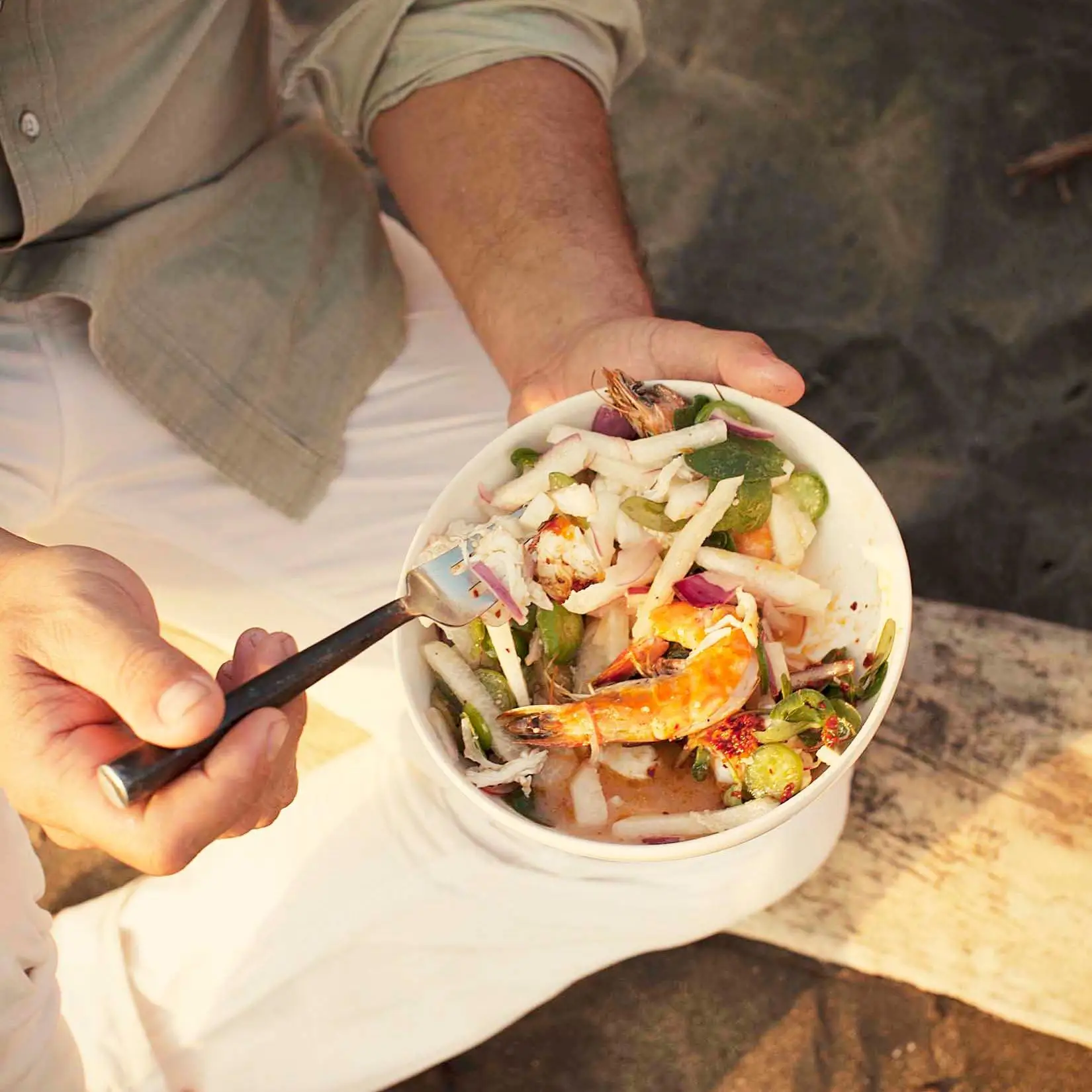 Camarão, lagosta e salada Jicama