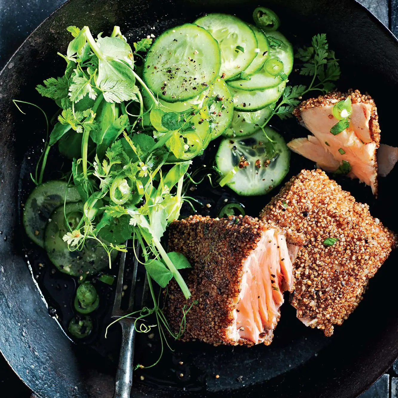 Salmão com crosta de dukkah com pepino e salada do chile