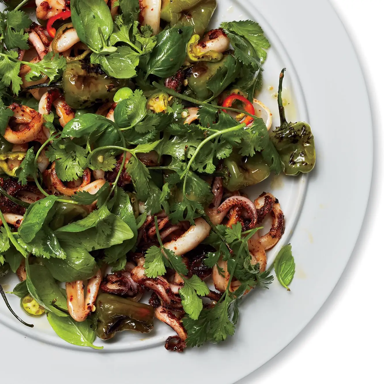 Chiles carbonizados e salada de lula