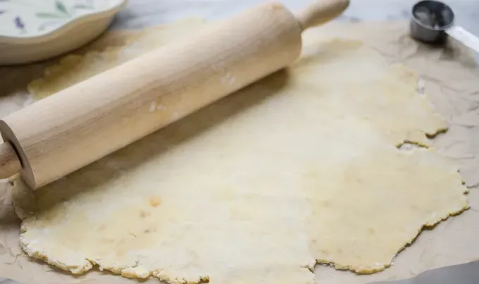 Rolling out the crust on parchment paper.' title='Sourdough Pie Crust