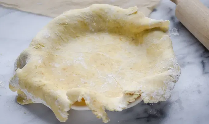 Putting the dough in the pie plate.' title='Sourdough Pie Crust