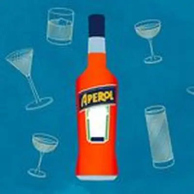 Aperol bottle against a blue background with illustrations of various cocktails