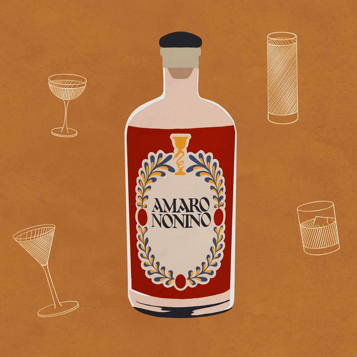 Amaro Nonino Quintessentia bottle against tan background with cocktail illustrations