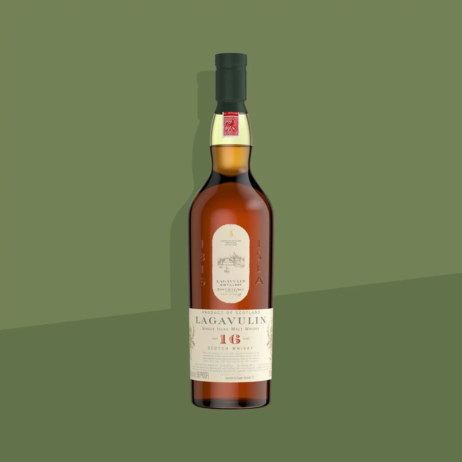 Bottle of Lagavulin 16-Year Islay Single Malt Scotch Whisky against a green background.