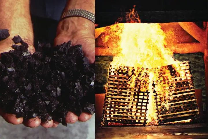 A Tennessee whiskey photo composite with two hands holding charcoal on the left and a photo of burning sugar maple timber ricks on the right.