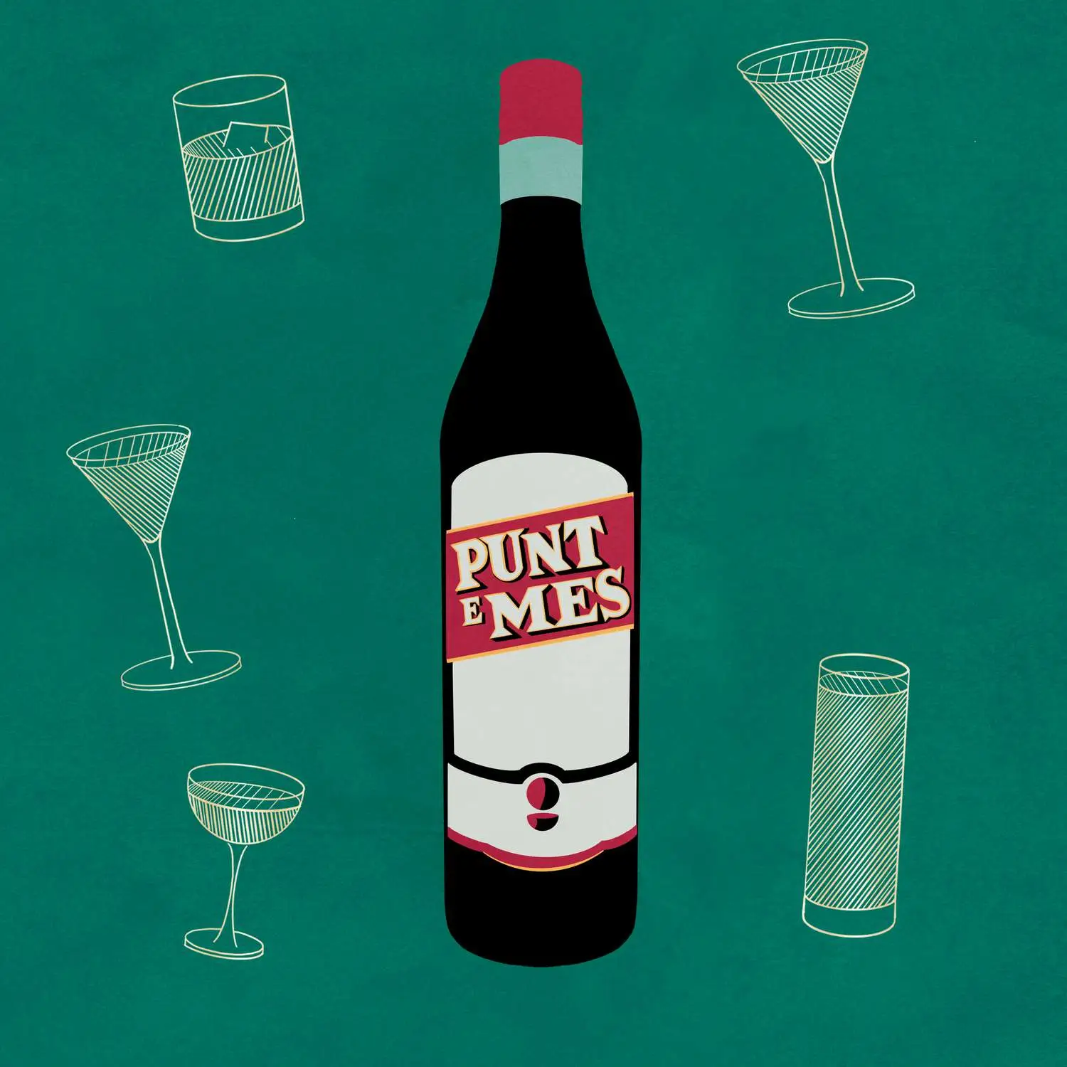 Punt e Mes bottle illustration against teal background with cocktail illustrations