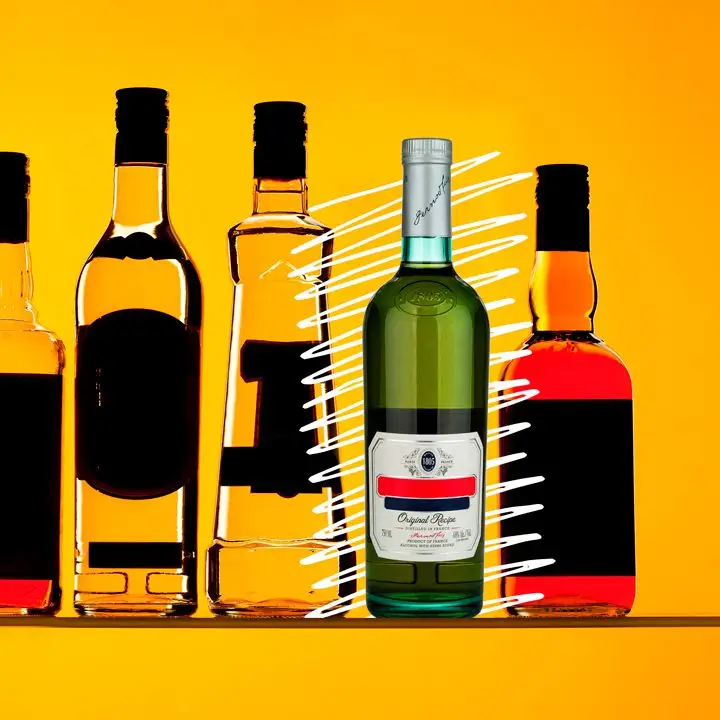 Photo illustration of various bottles all with their labels blacked out except a Pernod bottle, emphasized with hand-drawn white lines