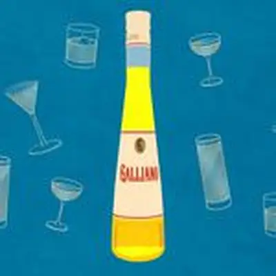 Bottle of Galliano illustration against blue background with cocktail illustrations
