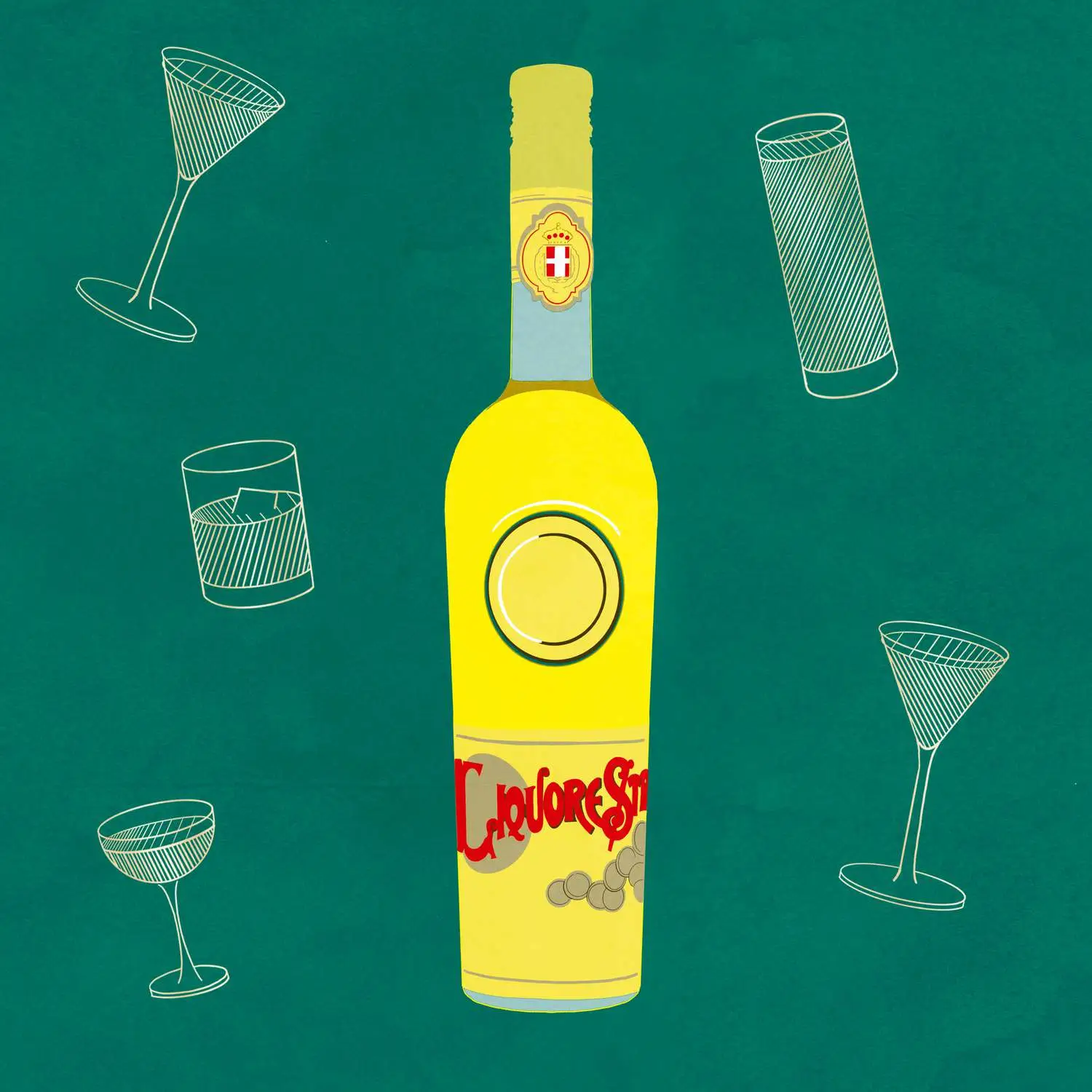 Bottle illustration of bright yellow Strega liqueur with red lettering against teal background with cocktail illustrations