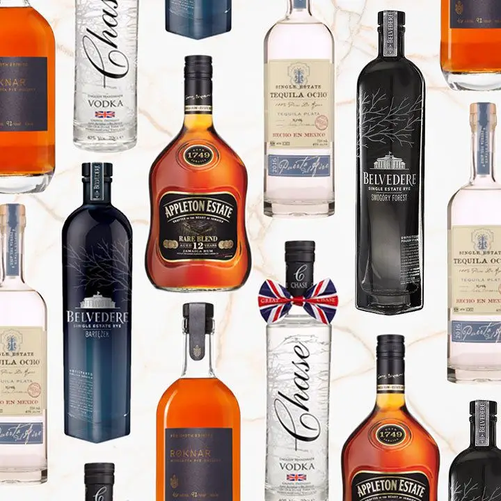 a collage of single-estate spirits bottles on a white background