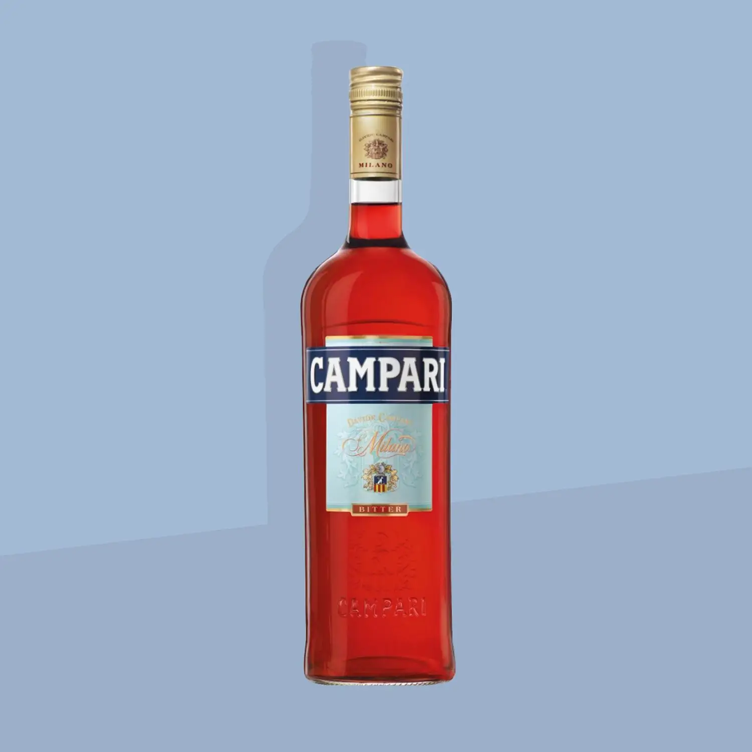 Bottle of Campari liqueur featured on blue background