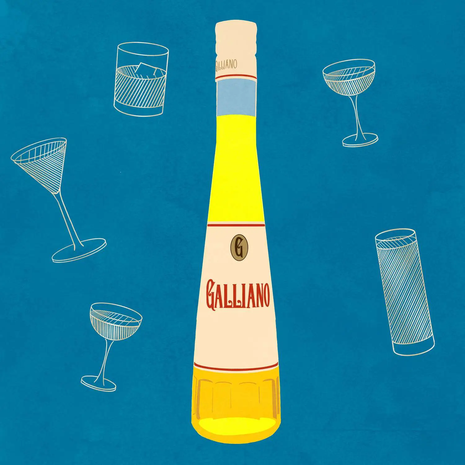 Bottle of Galliano illustration against blue background with cocktail illustrations