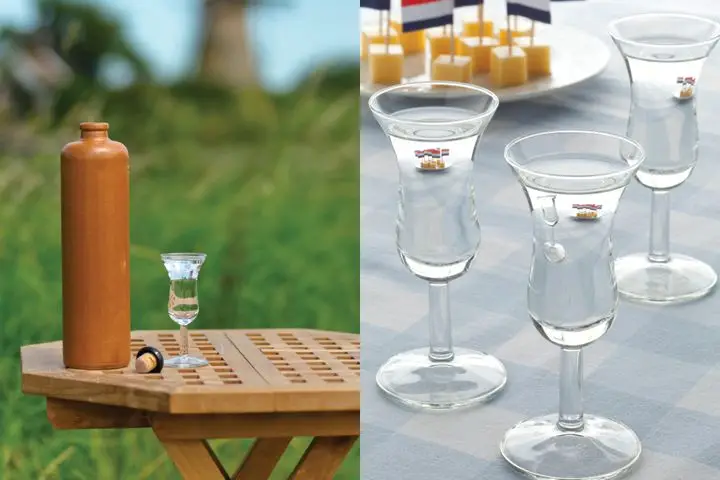 Two side-by-side photos of genever in glasses on tables