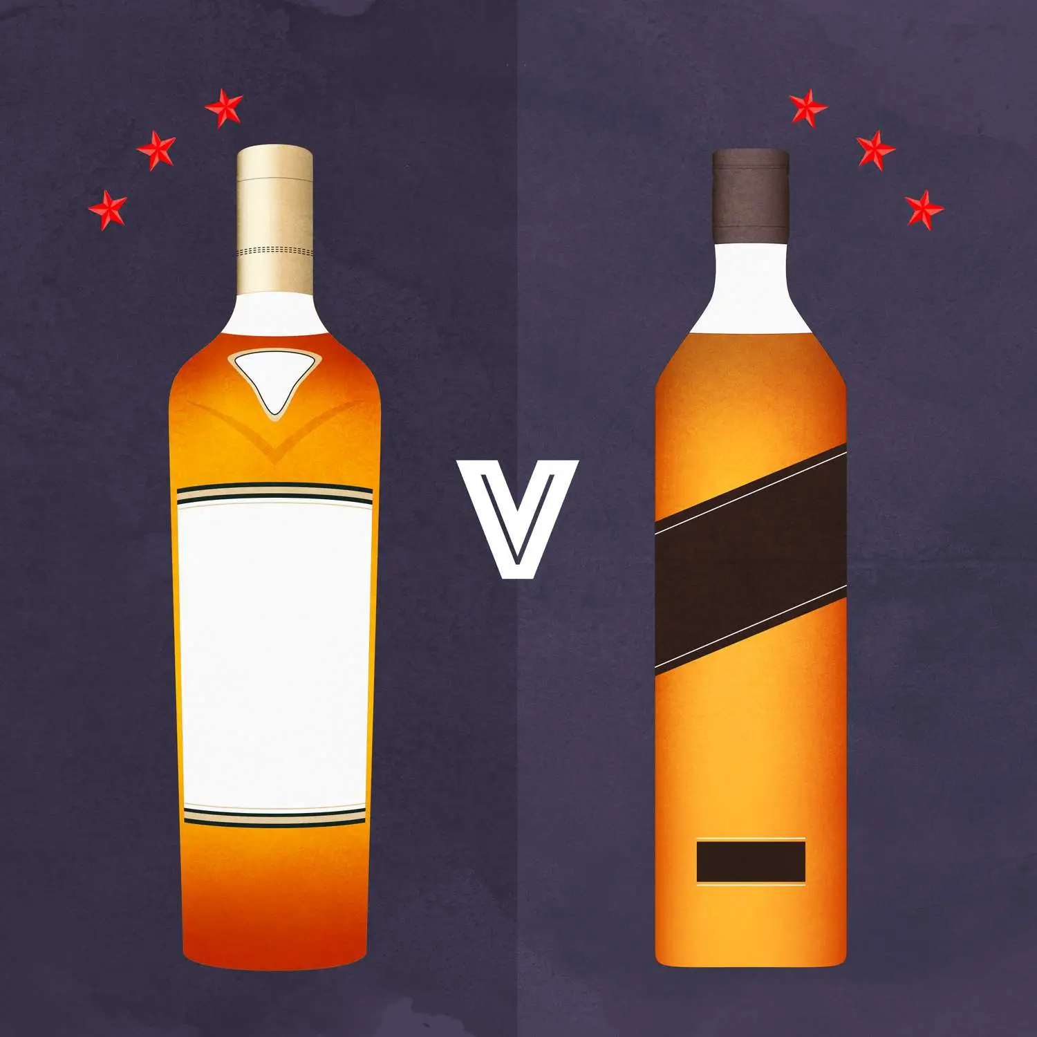 Illustrated bottles of single malt and blended Scotch whisky against purple background with versus sign between them 