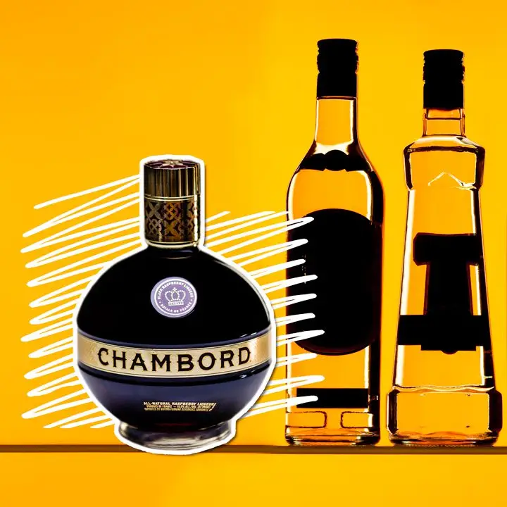 A squat, round bottle of Chambord, its name prominently printed on its golden label, sits on a yellow background with white squiggles directly behind. Next to it are the outlines of other bottles, their labels darkened. 