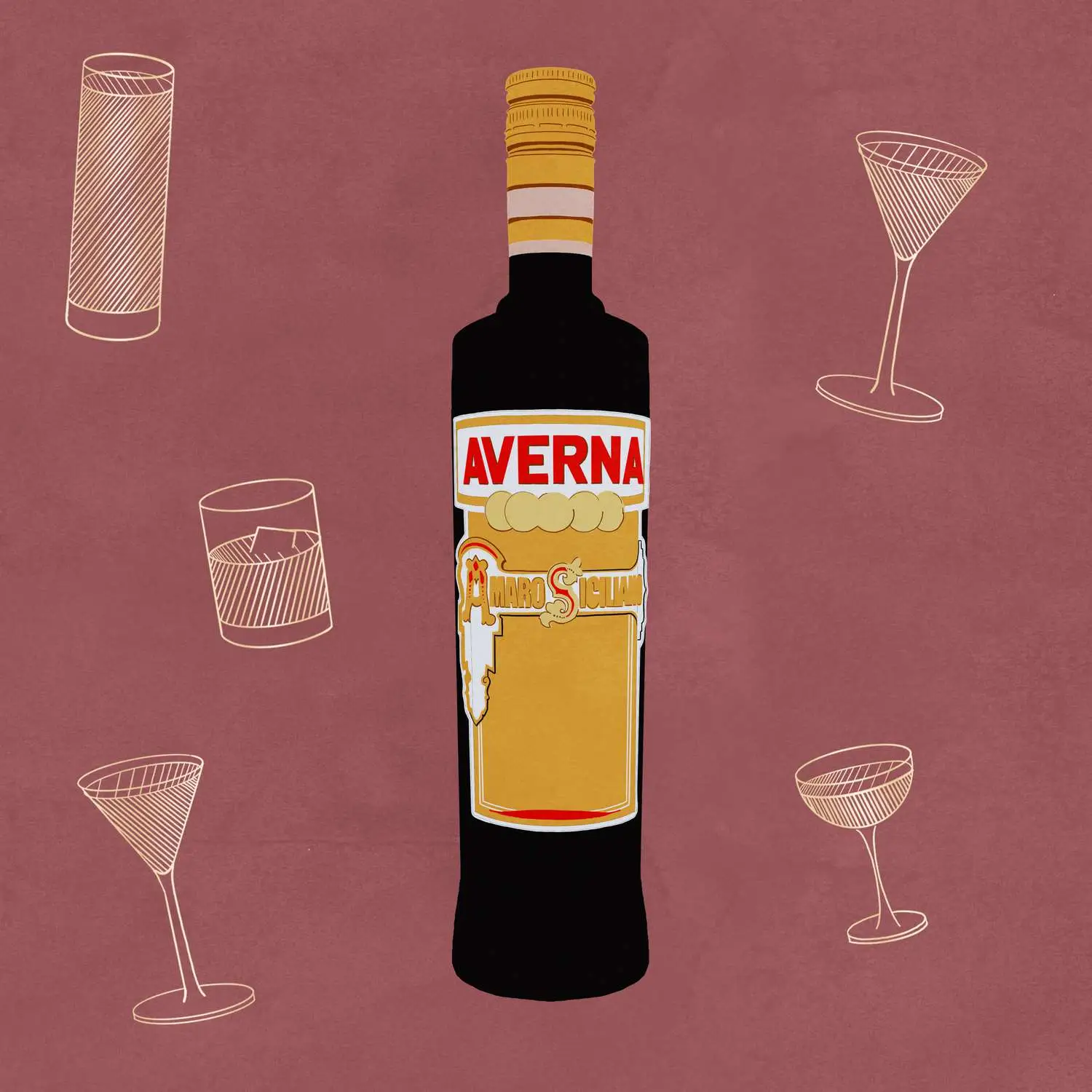 Averna amaro bottle against dusky pink background with cocktail illustrations