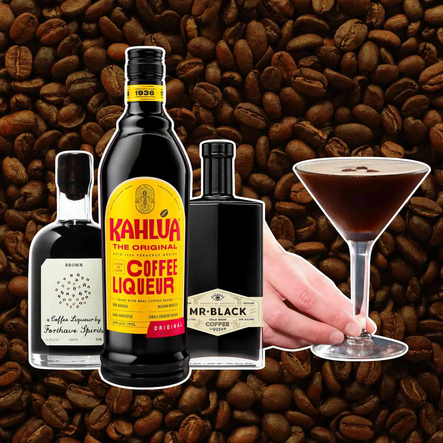 Coffee Liqueur bottles with an Espresso Martini against a backdrop of coffee beans