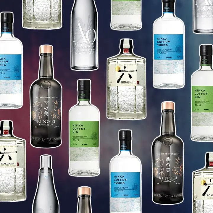 a collage of Japanese spirits bottles on a moody blue-red backdrop