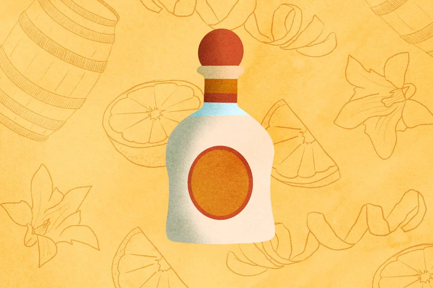 Illustration of joven bottle of tequila with background including citrus, flowers, and oak