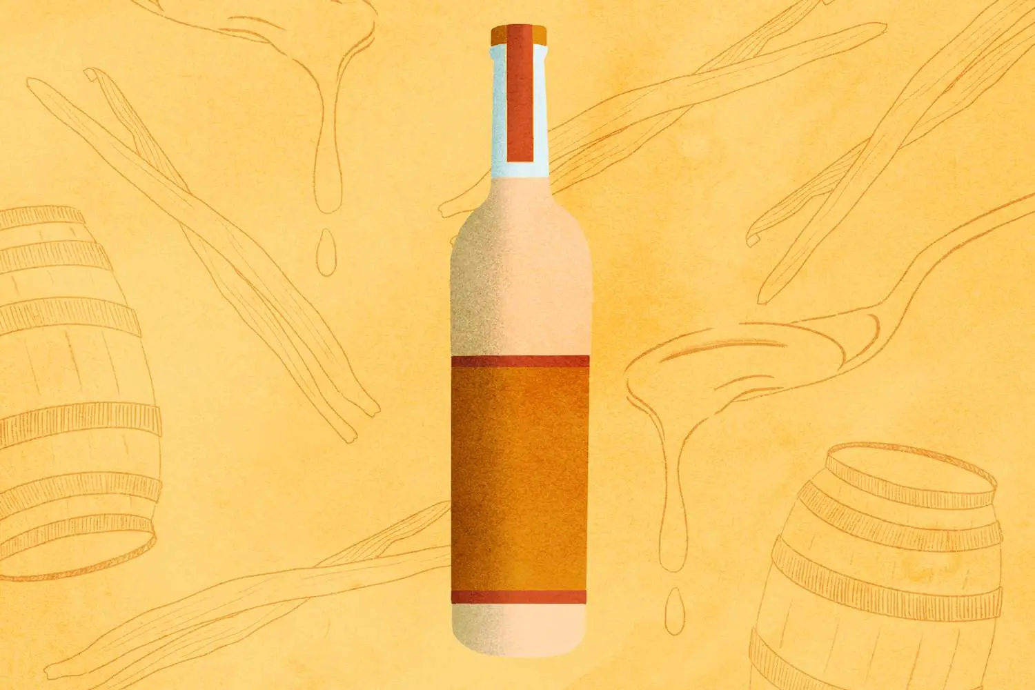 Illustration of reposado bottle of tequila with background that includes oak barrels, cinnamon sticks, and spoonful of honey 