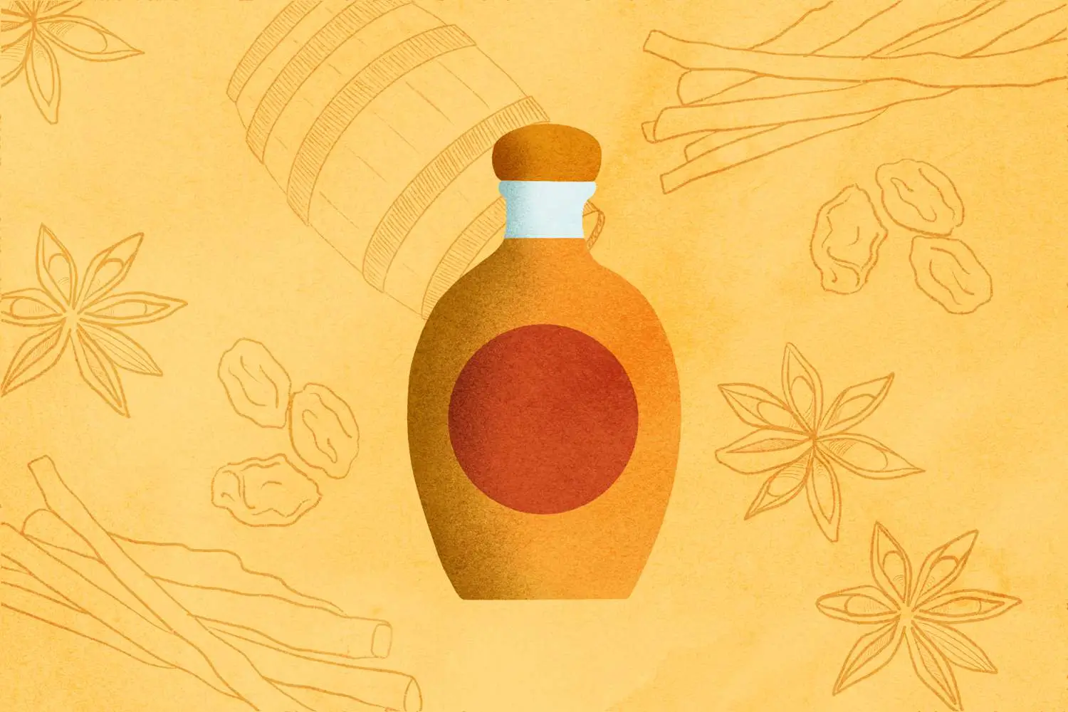 Illustration of anejo tequila bottle against background that includes raisins, star anise, cinnamon sticks, and an oak barrel