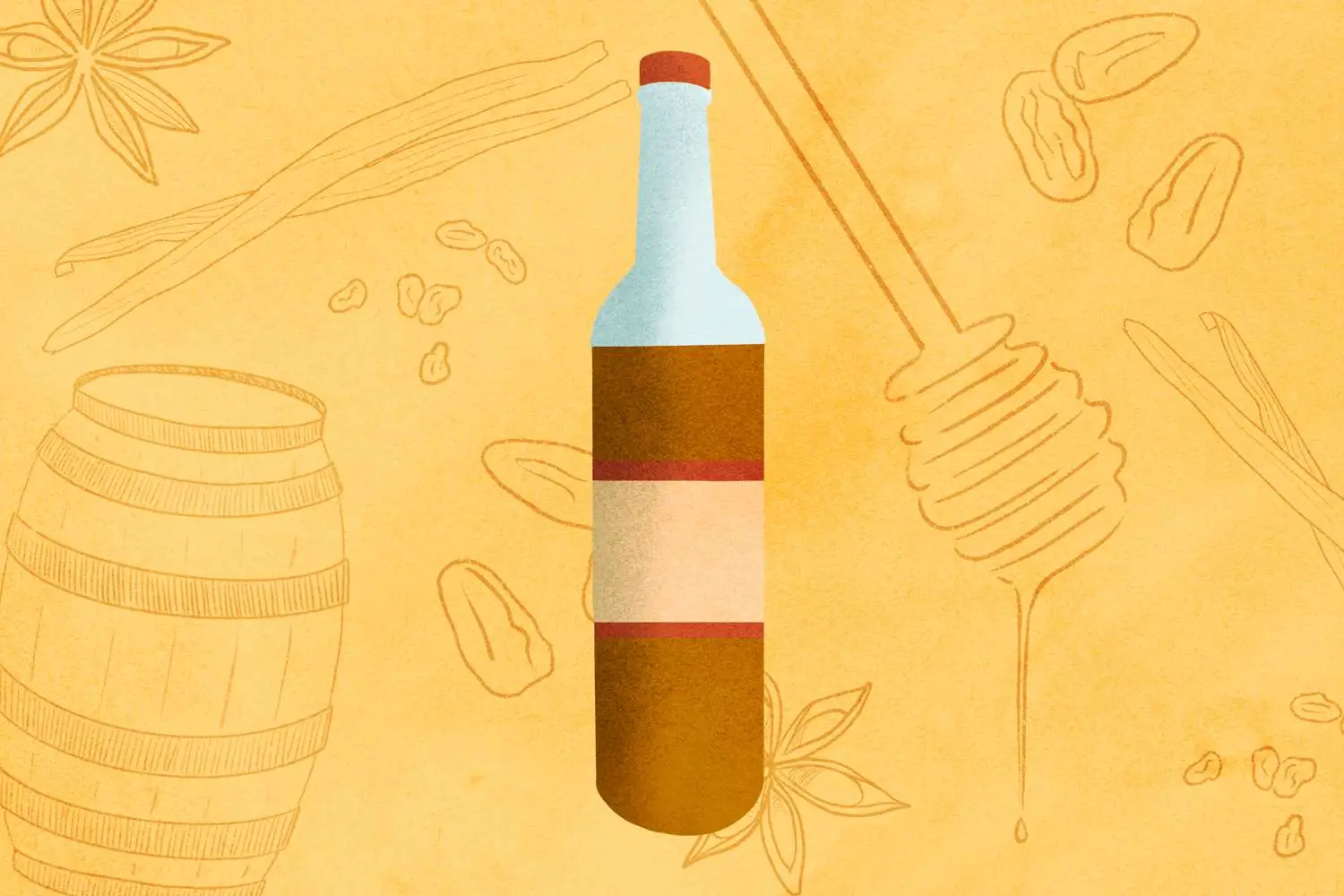 Illustration of extra anejo tequila bottle against background that includes oak barrel, star anise, raisins, cinnamon sticks, and honey dipper 