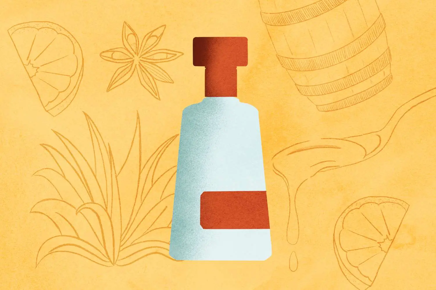 Illustration of cristalino tequila against background that includes citrus, agave, oak barrel, spoonful of honey, and star anise