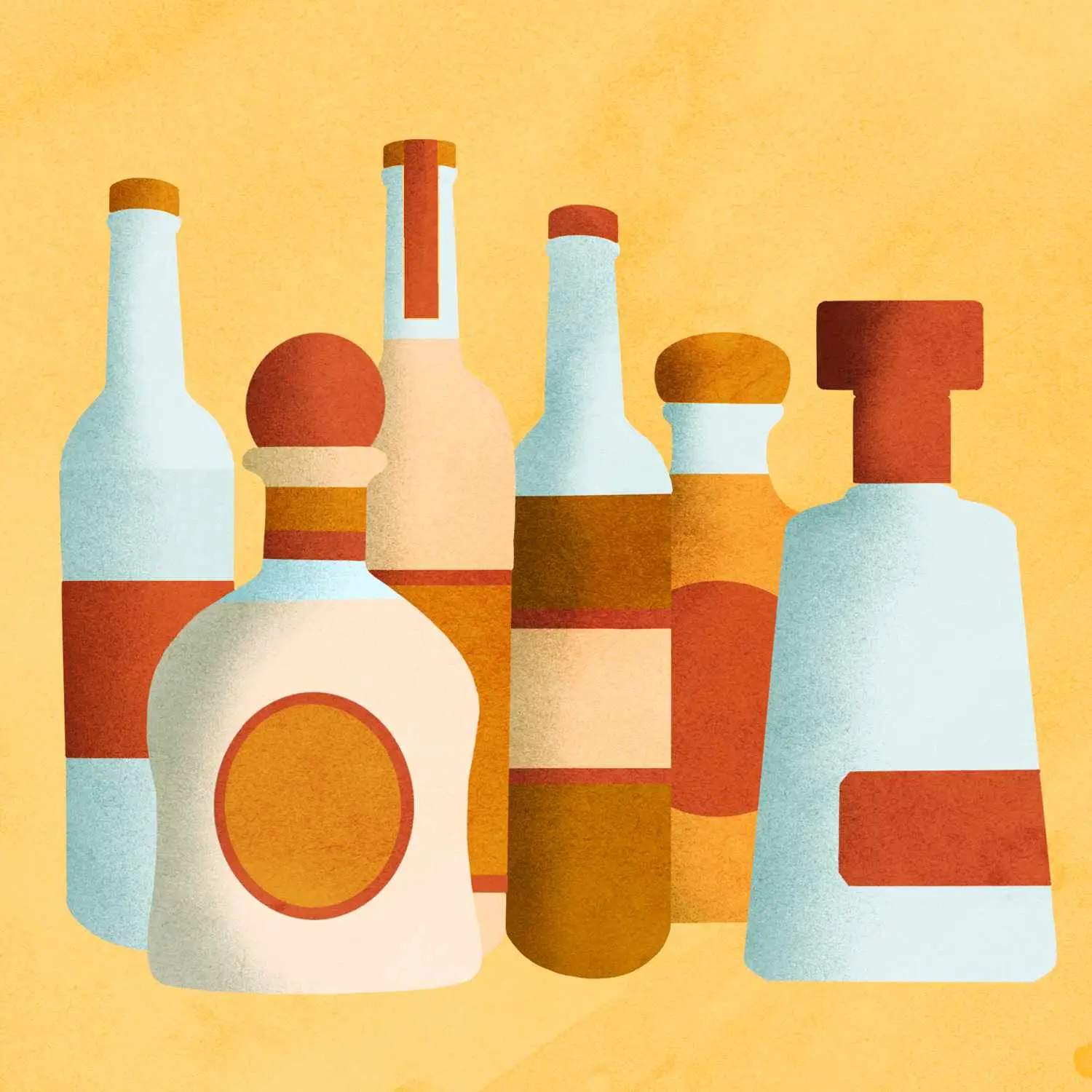 Illustrations of six tequila bottles, including blanco, joven, reposado, anejo, extra anejo, and cristalino