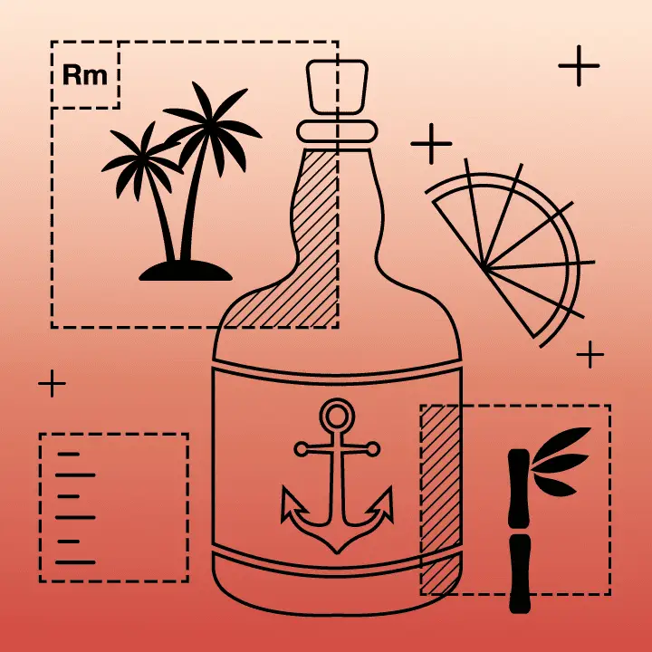 A graphic illustration on an orange gradient background featuring a liquor bottle with an anchor on the label, three tiles signifying palm trees, labeling and sugarcane 