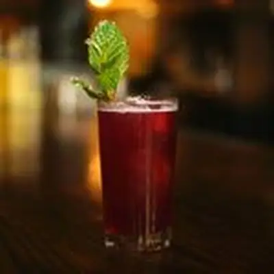 A Collins glass on a wooden bar top is filled with a red drink and garnished with a few mint leaves.