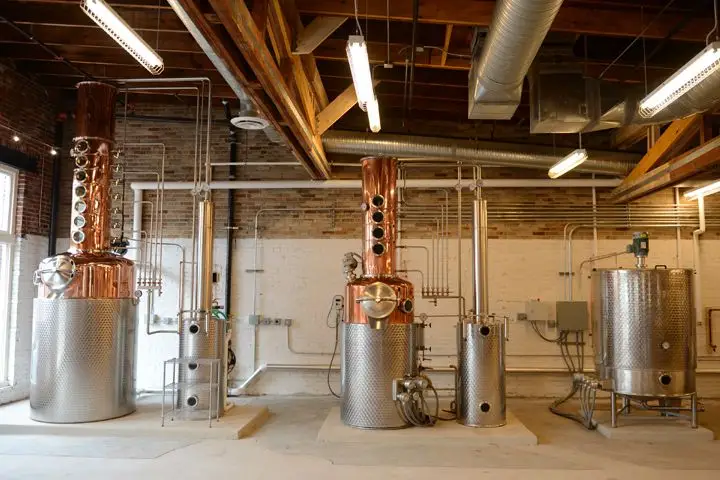 Copper column stills at Catoctin Creek Distillery in Virginia that are used to make its Pearousia Barrel Old Tom Watershed gin