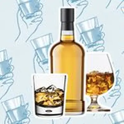 Graphic of bourbon bottle, goblet and glass on blue background