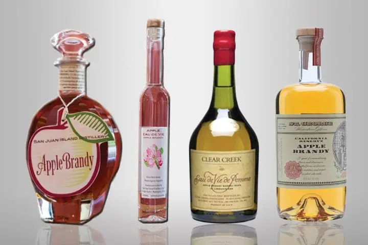 Four bottles of apple brandy with a variety of styles sit on a blank background. From the left, a curved bottle of San Juan Island Distillery Apple Brandy and a thin bottle of Apple Eau De Vie from the same distillery. Next there is a squat bottle of Clear Creek’s Eau de Vie de Pomme, and a tall, clear bottle of golden apple brandy from St. George Spirits