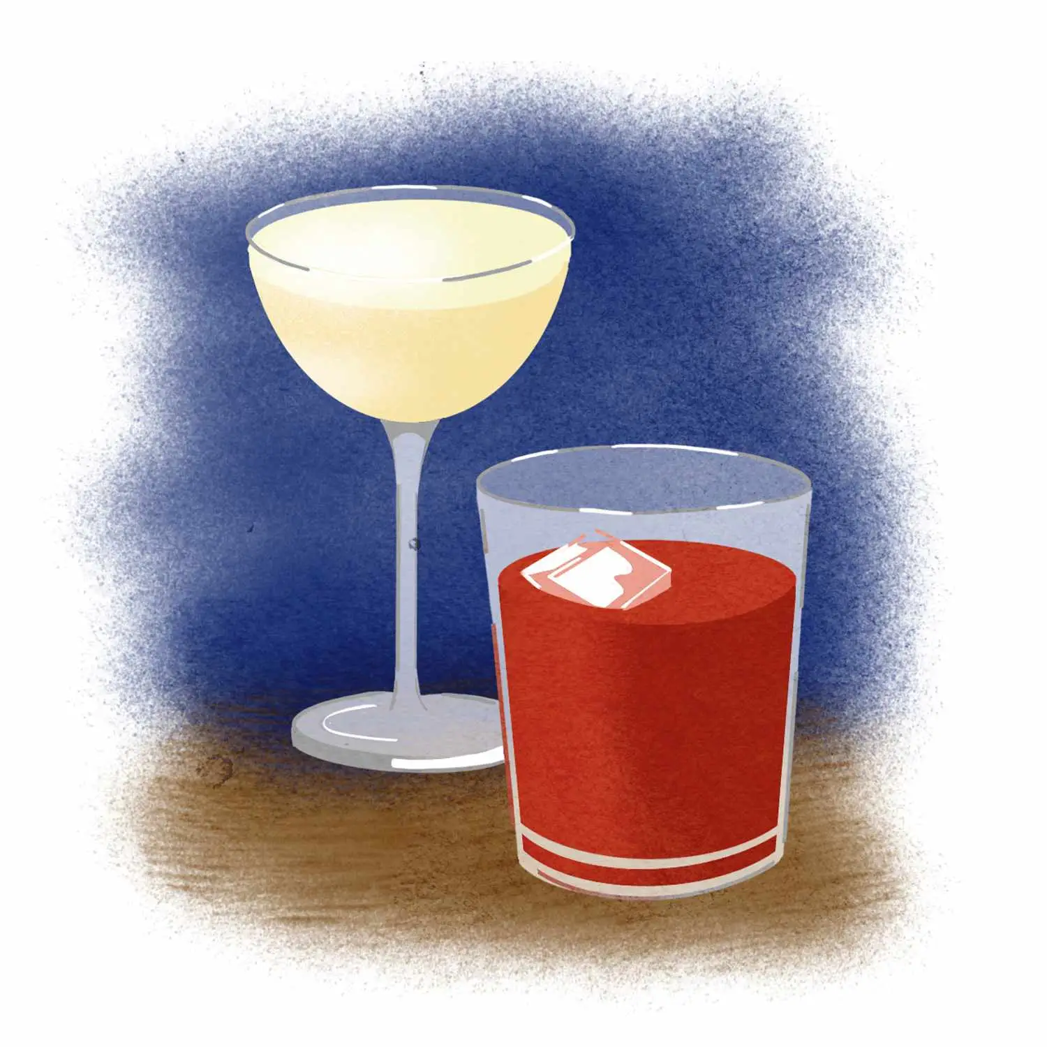 Illustration of two non-alcoholic cocktails on bartop, in coupe and rocks glasses