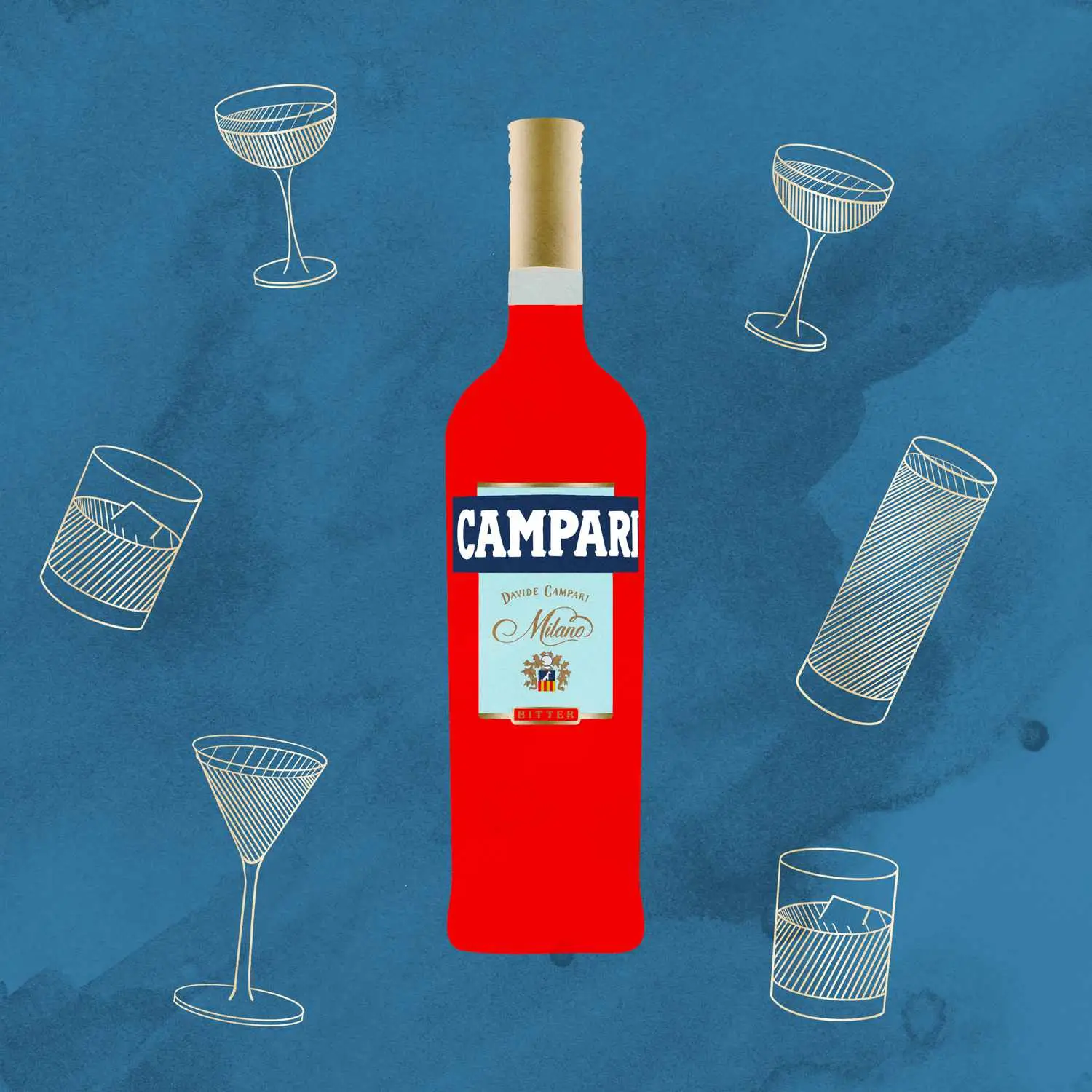 Campari bottle against smudged blue background with illustrations of various cocktails