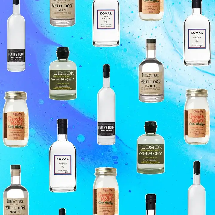 A collage of unaged whiskey bottles