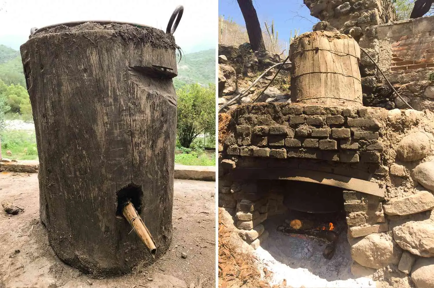 Side by side photos of original Filipino-style still build into a perota tree trunk, and brick oven