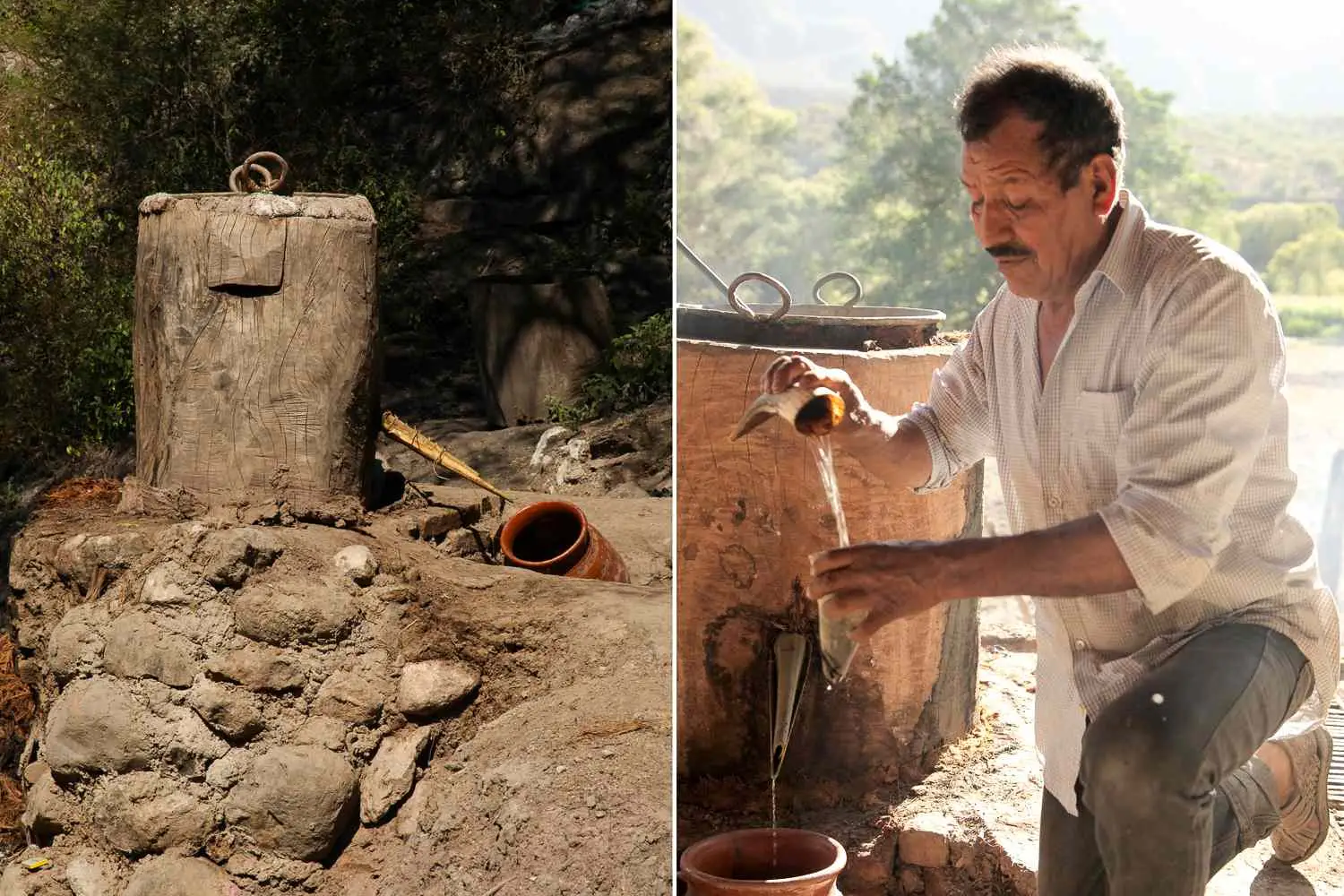 Side-by-side photos of Filipino-style still built in tree trunk, and man pouring mezcal next to a Filipino-style still