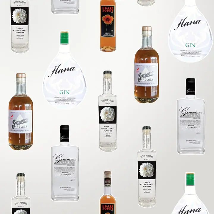 collage of floral spirits bottles on an off-white background