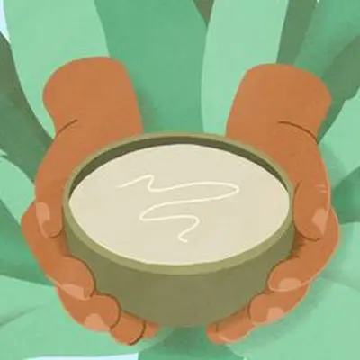 Illustration of hands holding pulque in front of agave plant