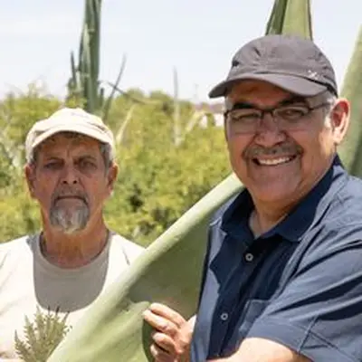 Gary Nabhan and David Suro-PiÃ±era standing in an agave field in Mexico, holding leaves of an agave plant