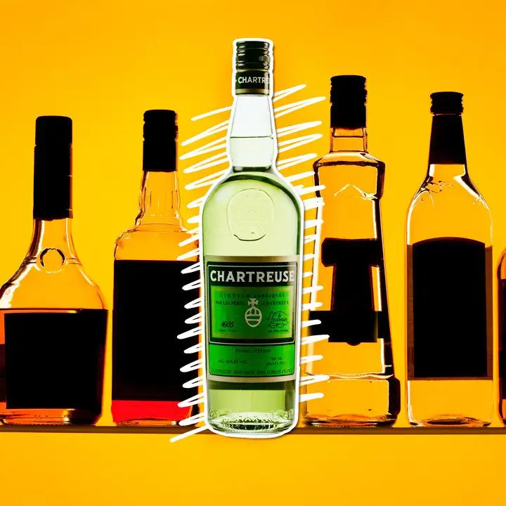 A bottle of Green Chartreuse is centered on an orange backdrop with white, squiggly lines behind it. Flanking the Chartreuse are other bottles, their labels darkened out