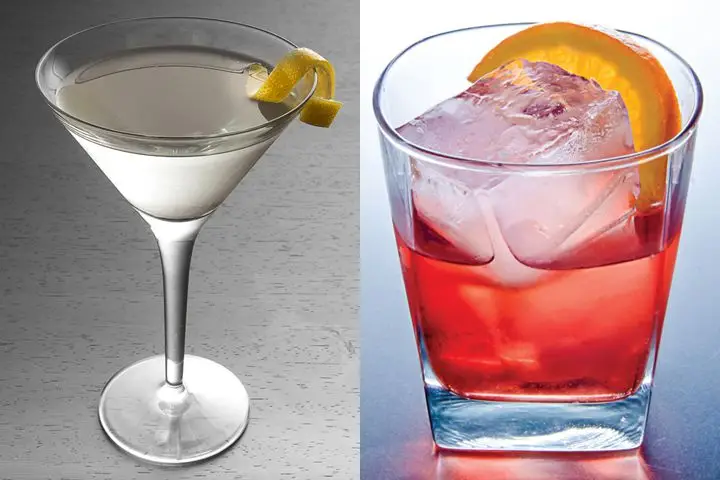A photo of a Martini with a twist next to a photo of a Negroni