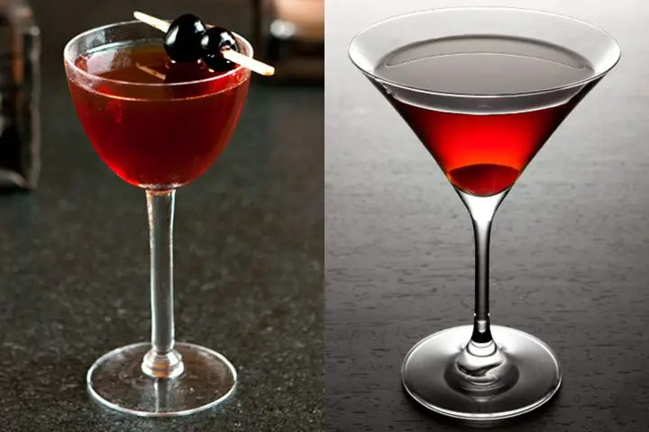 A photo of a Rob Roy garnished with two brandied cherries next to a photo of a Manhattan, served up with a cherry